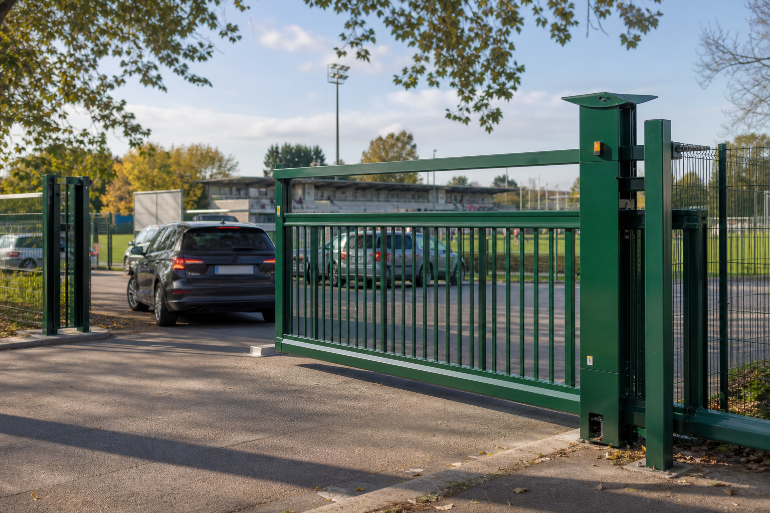 Portail coulissant motorisé à l'entrée d'un complexe sportif, stade ou club, JCD Services
