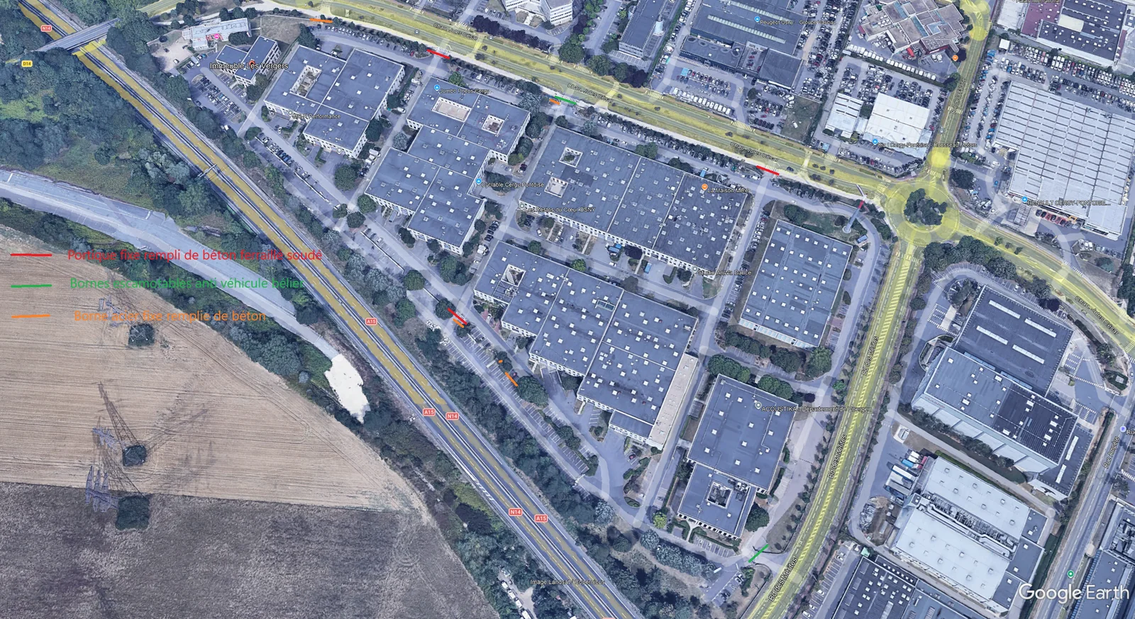 Schéma d'implantation des portiques, bornes escamotables anti-bélier et bornes fixes sur la zone d'activité d'Osny (95)