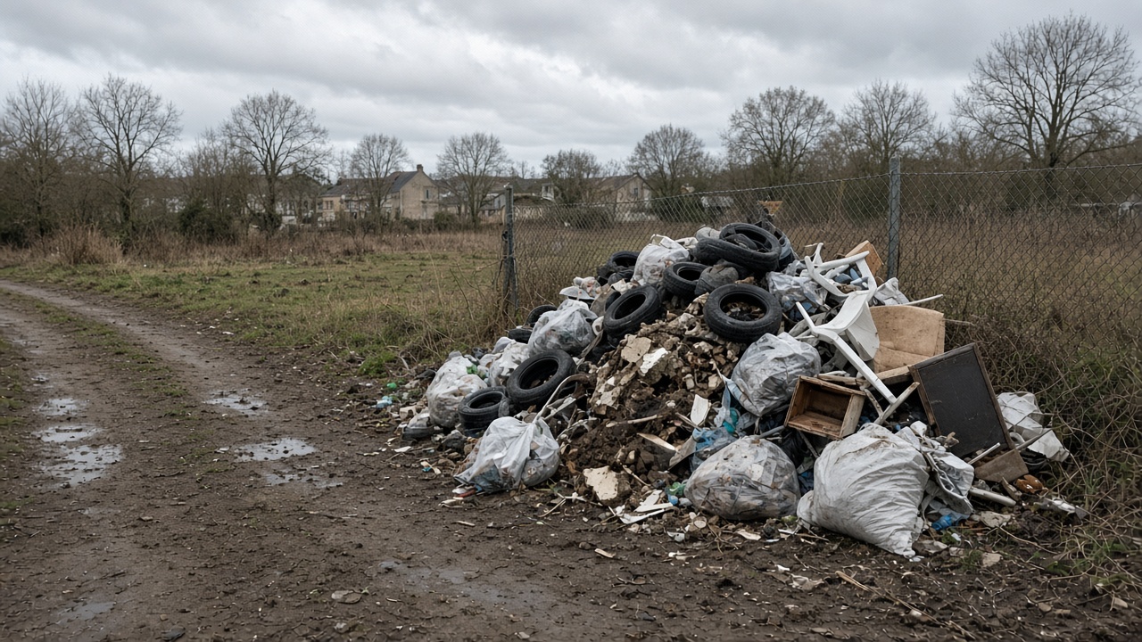 Dépôt sauvage de pneus et déchets sur un terrain communal non sécurisé